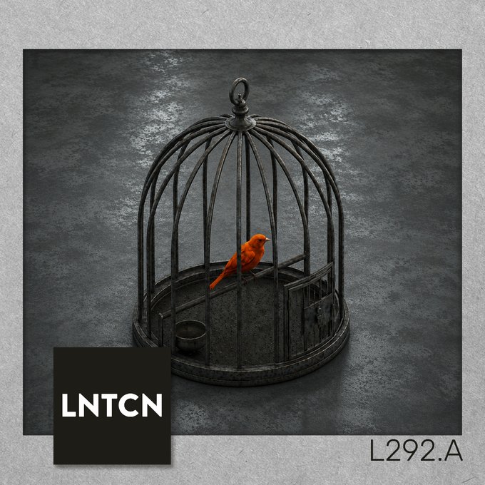 An artistic rendering of a small red bird inside an open black birdcage on a gray surface, with 'LNTCN' in a black box and 'L292.A' in the corner.