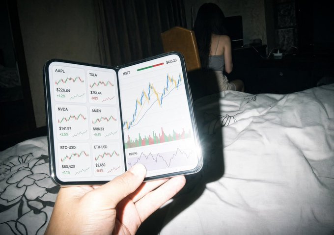 A hand holds a tri-fold smartphone displaying a stock and crypto trading app with tickers including AAPL ($226.84), TSLA ($251.44), NVDA ($141.97), AMZN ($186.33), BTC-USD ($60,420), ETH-USD ($2,650), and MSFT ($415.20), with a person visible in the background sitting on a bed.