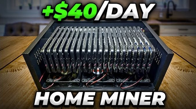 A YouTube thumbnail shows a cryptocurrency mining rig with multiple GPUs, overlaid with the text "+$40/DAY" and "HOME MINER".
