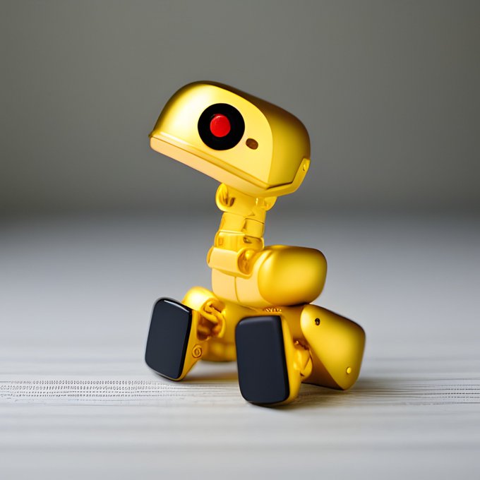 A 3D rendered image of a small, golden robotic dinosaur figure with red eyes sitting on a neutral surface.