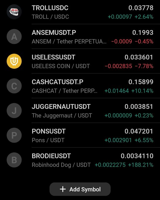A cryptocurrency price list displays meme coin tickers on a trading app, with Robinhood Dog (BRODIE/USDT) showing the largest gain at +188.21% to $0.0034110, alongside other Solana memecoins like TROLL, ANSEM, USELESS, CASHCAT, JUGGERNAUT, and PONS. The image supports the post's argument that "Robinhood memes" like BRODIE are outperforming traditional Solana memes, highlighting BRODIE's massive surge as evidence of where money is currently being made.