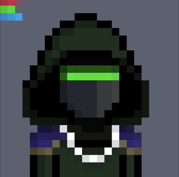 A pixel art rendering of a dark, armored character with a glowing green visor, resembling a sci-fi soldier, displayed on a gray background.