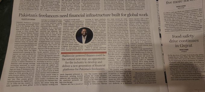 A close-up of a newspaper article titled 'Pakistan's freelancers need financial infrastructure built for global work', featuring a small inset portrait of a man.