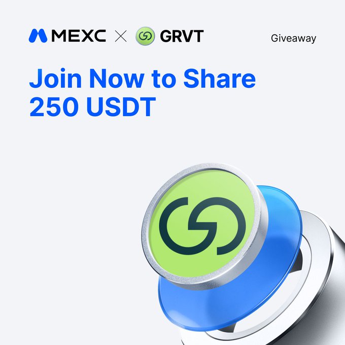 This image promotes a giveaway where participants can share 250 USDT by joining the MEXC and GRVT event. The logos of MEXC and GRVT are prominently displayed, along with the text "Join Now to Share 250 USDT."