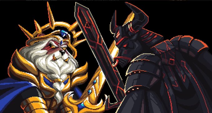 A pixel art illustration showing two armored characters facing off: a bearded king with a golden crown and blue gems on the left, and a dark, red-glowing armored warrior wielding a large sword on the right.