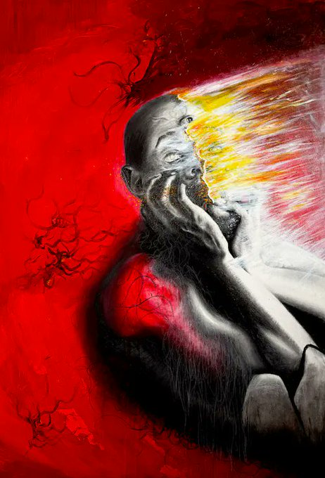 A surreal digital painting of a bald, greyscale humanoid figure with a hand on its face, from whose head erupts a vibrant explosion of yellow, orange, and red energy against a deep red background with dark, swirling organic shapes.