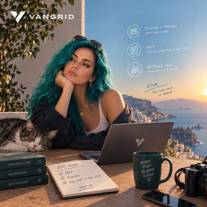 VanGrid promotional graphic featuring a young woman with teal hair, a cat, and a laptop on an outdoor table, displaying details about a $9M SAFT funding round with tranches running from Aug 2025 to Jan 2026.