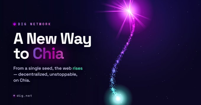 A promotional graphic for 'Dig Network' on Chia blockchain reading 'A New Way to Chia' with the tagline 'From a single seed, the web rises — decentralized, unstoppable, on Chia' and the URL dig.net.