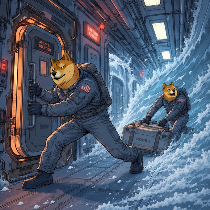 An illustrated scene of two Shiba Inu dogs in blue astronaut suits inside a flooded spacecraft, with one pulling a crate labeled "DOGE-1" through rushing water.