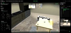 A video game or software development environment showing a 3D kitchen scene with a stove and a small table in the center workspace.