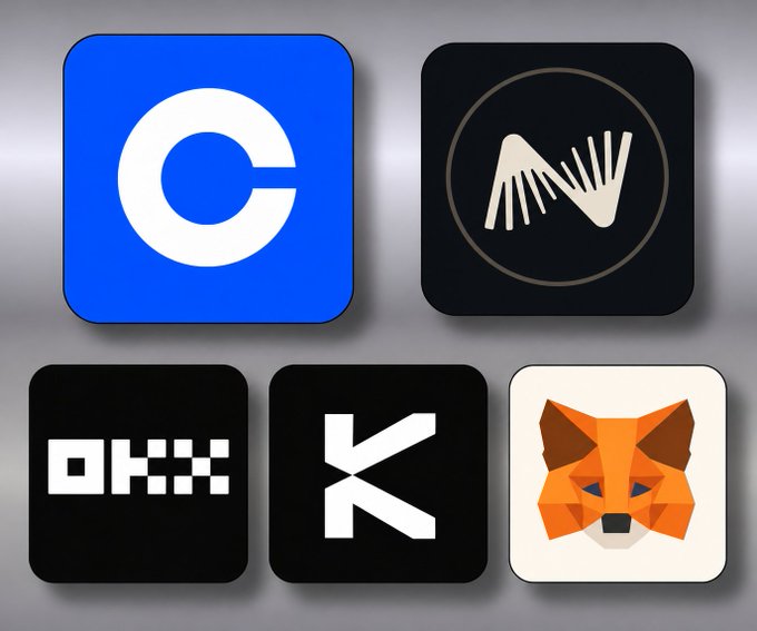 Five crypto app icons displayed in tiers: Coinbase (blue "C"), Nexo (mountain logo), OKX (pixelated "OKX" text), Kraken (white "K"), and MetaMask (fox logo), likely representing different compliance and tax reporting categories. The post discusses DAC8 regulations requiring EU crypto providers to report tax residents' information starting January 1, 2026.