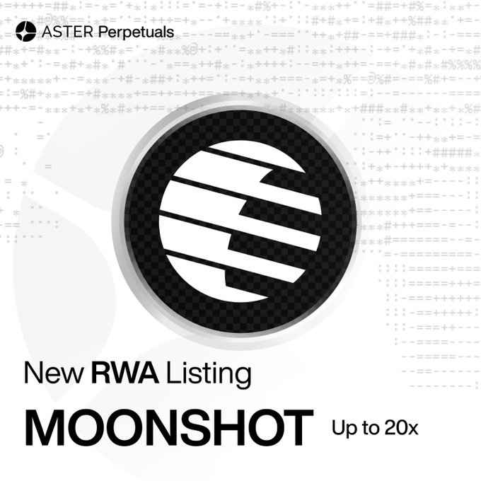 The graphic promotes a new RWA (Real World Asset) listing on Aster Perpetuals, featuring the ASTER logo in the top left and a circular carbon-fiber style emblem in the center. Key details visible include "New RWA Listing," the ticker **$MOONSHOT**, and "Up to 20x" leverage, directly matching the announcement of the MOONSHOT/USD1 Pre-IPO Perpetual going live on the platform.