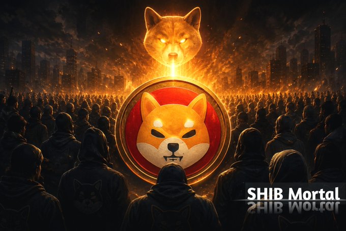 A massive hooded crowd faces a glowing Shiba Inu emblem with a larger fiery Shiba head looming above, set against a burning city skyline, with the text "SHIB Mortal" displayed in the corner. The dramatic imagery of an unwavering army gathered beneath the illuminated SHIB symbol visually reinforces the post's message about the ShibArmy's enduring presence and refusal to fade despite low market attention.