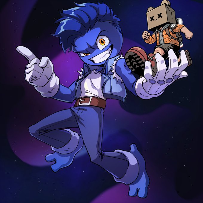 Digital artwork showing an anthropomorphic blue character with a wide smile pointing outward, alongside a smaller character with a cardboard box for a head in a space-themed background.