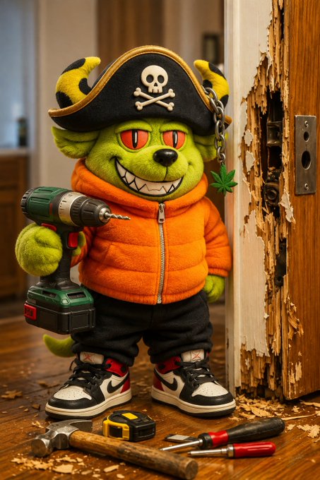 A plush toy character resembling a green furry creature wearing a pirate hat with a skull and crossbones, an orange puffer jacket, and black sneakers, holding a power drill next to a splintered wooden door.