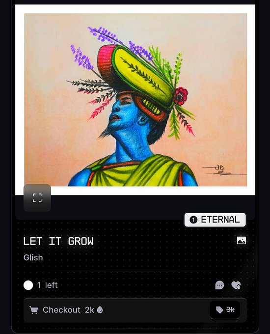 An NFT listing titled "LET IT GROW" by artist "Glish" showing a colorful digital drawing of a blue-skinned figure with an elaborate headdress, priced at 2k with 1 left available.