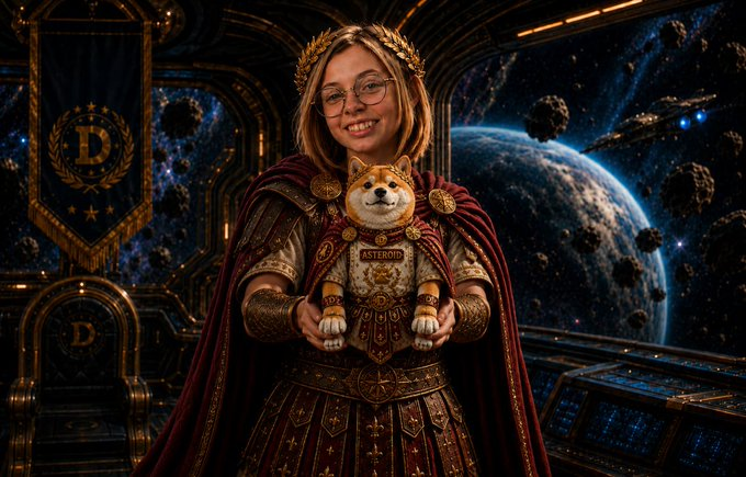 The image features a young girl dressed as a Roman princess, holding a small toy dog with a crown on her head. The backdrop of the scene includes a spaceship and stars, suggesting that they are in outer space or a futuristic setting. The caption for this image reads "$ASTEROID launched on Ethereum. Asteroid Maximus is the ceremonial mascot and symbolic guardian inspired by the asteroid vision created by Liz Perrotto. CA : 0x31da87fa99dc4ac65deedba82e55805a7f433f1c asteroidmaximus x.com/asteroidmaximus".