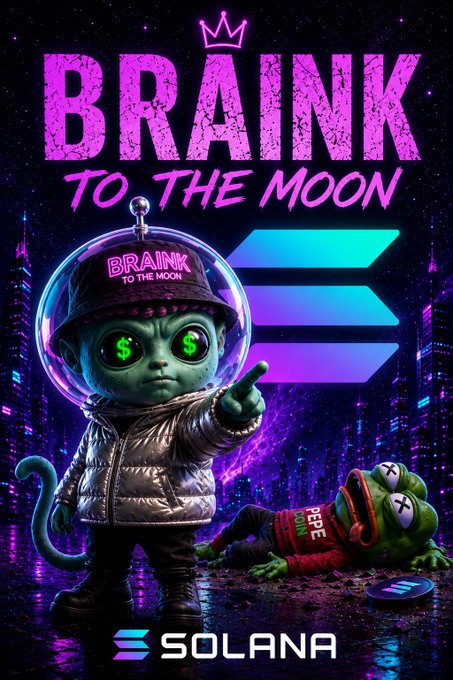 A vibrant promotional poster for 'BRAINK TO THE MOON' meme coin on the Solana blockchain, depicting a cyberpunk alien monkey character in a space helmet with dollar-sign eyes standing over a defeated Pepe the Frog.