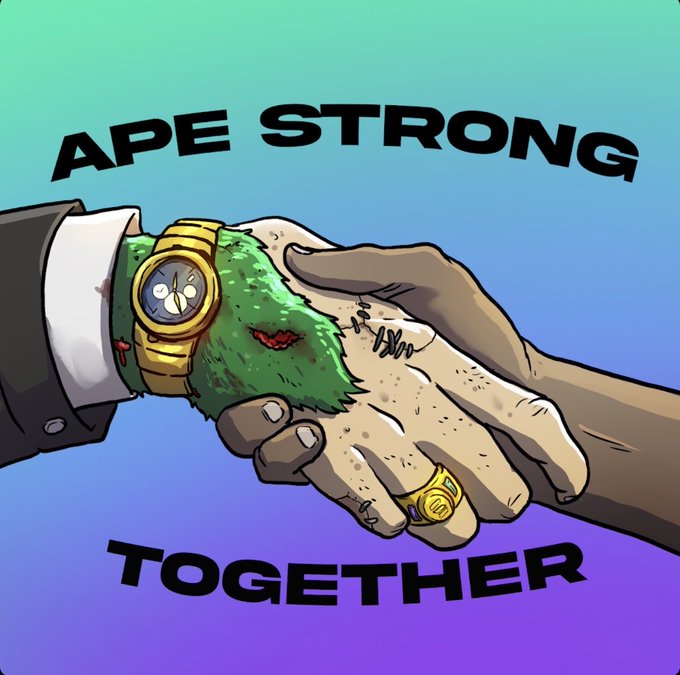 A cartoon illustration showing two hands clasping—one with green fur wearing a gold watch, the other wearing a gold ring—against a gradient background with the text "APE STRONG TOGETHER".