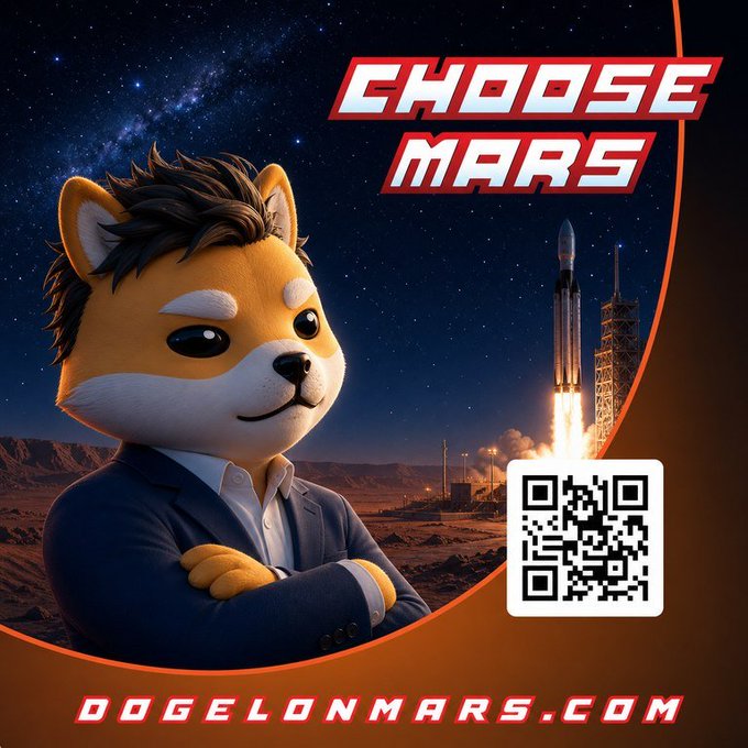 A promotional poster for 'DOGELONMARS.COM' featuring a Shiba Inu character in a suit with a rocket launch and a QR code under the text 'CHOOSE MARS'.