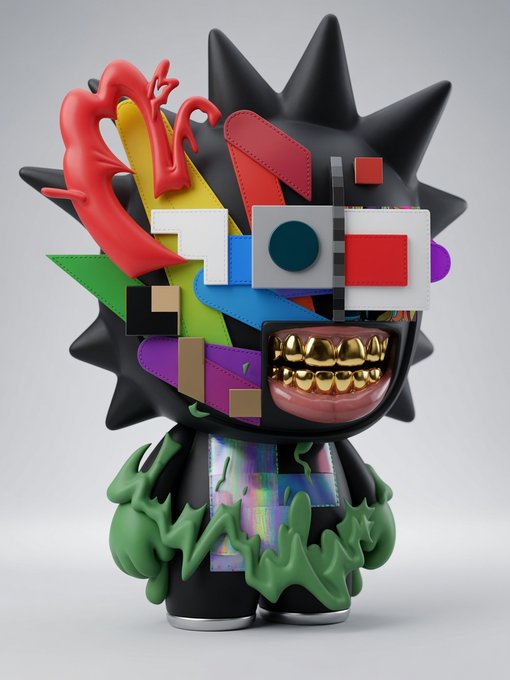 A 3D-rendered, chaotic designer toy character with spiky black hair, a wide grin with gold teeth, colorful geometric shapes for eyes, a red swirling element on its head, and green flame-like patterns on its body.