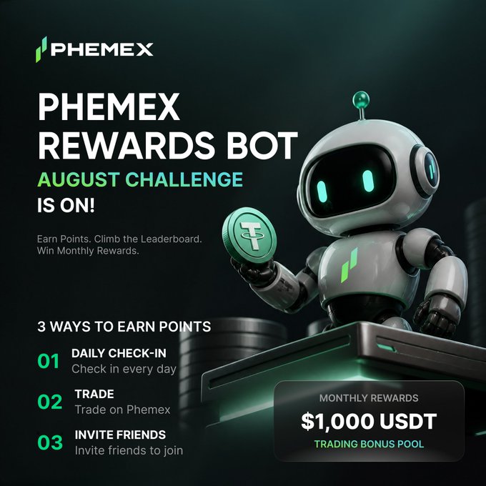 The image is a promotional graphic for the Phemex Rewards Bot August Challenge, featuring a friendly white robot holding a green Phemex (T) token coin. It advertises 3 ways to earn points (Daily Check-in, Trade, Invite Friends) and a $1,000 USDT monthly trading bonus pool, aligning with the post's announcement that the leaderboard has reset for a fresh start this August.