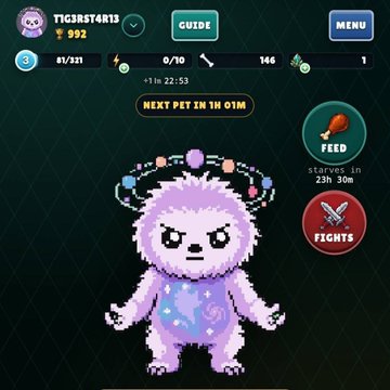 A mobile game interface showing a purple fluffy monster character with a beaded halo, displaying player stats (TTG38574R13, 992 coins), a timer for the next pet, and Feed/Fights options.