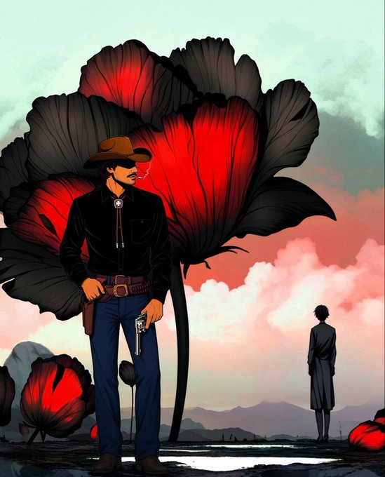 An illustrated cowboy in a black shirt and jeans holding a revolver stands before a giant red and black flower, with another figure in the distance under a cloudy pink sky.