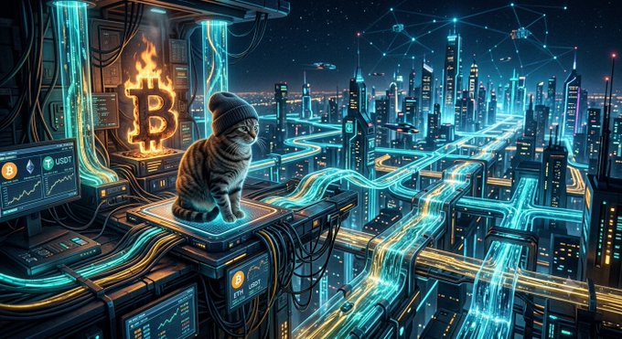 A pixelated cat wearing a beanie sits atop a glowing Bitcoin symbol in a futuristic cyberpunk cityscape, with visible tickers including "USDT," "ETH," and "B" (Bitcoin), symbolizing the vigilant role of the "burning kitty" overseeing continuous token burn mechanisms and active liquidity pools referenced in the post.