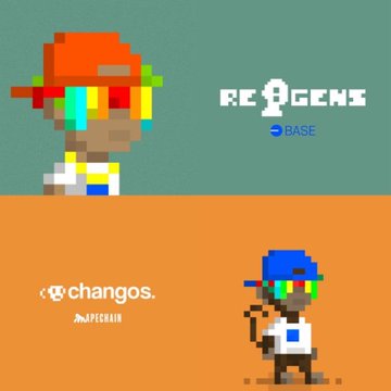 Pixel art NFT-style images featuring 'Regens' with a Base logo and 'changos' with a Solana logo, depicting stylized pixel character portraits.