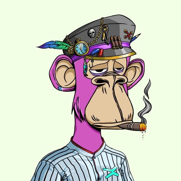 A cartoon illustration of a pink monkey wearing a military hat adorned with feathers, a skull, and trinkets, smoking a cigar while wearing a striped baseball jersey.
