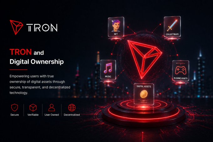 Promotional graphic titled 'TRON and Digital Ownership' featuring NFT, Collectibles, Music, In-Game Assets, and Digital Assets around the red TRON logo.