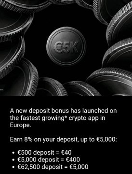 A black promotional graphic features black coins with "€5K" in the center, advertising OKX's 8% deposit bonus for European users with tiered payouts up to €5,000. The post promotes the same OKX crypto app bonus offer, highlighting its MiCA licensing, fast KYC, and strong liquidity for users switching from other exchanges.