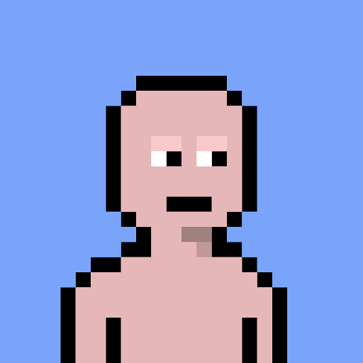 A pixel art portrait of a bald, light-skinned man with a neutral expression against a solid blue background.