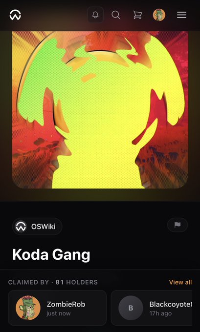A mobile app interface from OSWiki displaying an NFT collection called 'Koda Gang,' claimed by 81 holders, with recent claimers 'ZombieRob' and 'Blackcoyote1' shown below.
