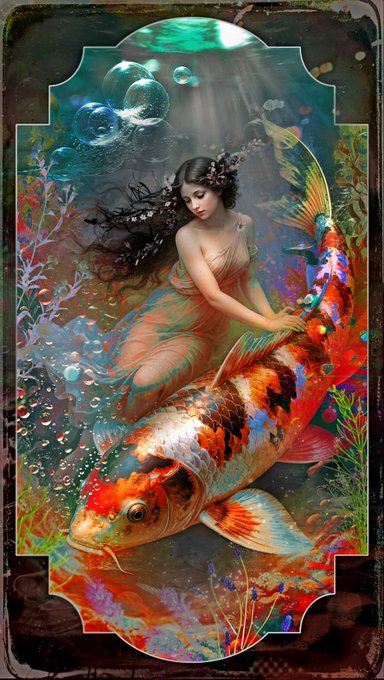 An illustrated portrait of a woman in a flowing dress with a koi fish underwater, surrounded by bubbles and vibrant aquatic plants.