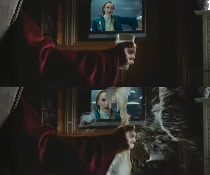 A two-panel movie still showing a hand holding a glass in front of a TV, followed by a dramatic explosion scene with a woman reacting in the background.