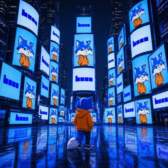A small anthropomorphic fox character wearing an orange hoodie stands on a reflective wet surface, looking up at towering buildings covered in illuminated billboards displaying the same fox mascot with "$TOSHI" branding, visually echoing the post's description of "$TOSHI holding the face of base."