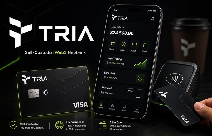The image features a black cell phone displaying a Tria app that allows users to access their bank account or make purchases using a mobile wallet. The Tria app also enables transactions with other accounts, suggesting a seamless experience across different financial services. A person's hand is holding the Tria mobile wallet in front of the cell phone, indicating how they are utilizing the Tria app on their phone for banking and payment purposes. This integration of mobile technology into traditional banking systems is another interesting development that contributes to a stronger sense of behavioral continuity by streamlining various transactions using a single device.