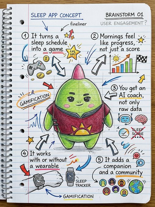 A colorful handwritten brainstorming page titled 'SLEEP APP CONCEPT' and 'BRAINSTORM 01' outlines a gamified user engagement idea, featuring a drawing of a green character in a red outfit.