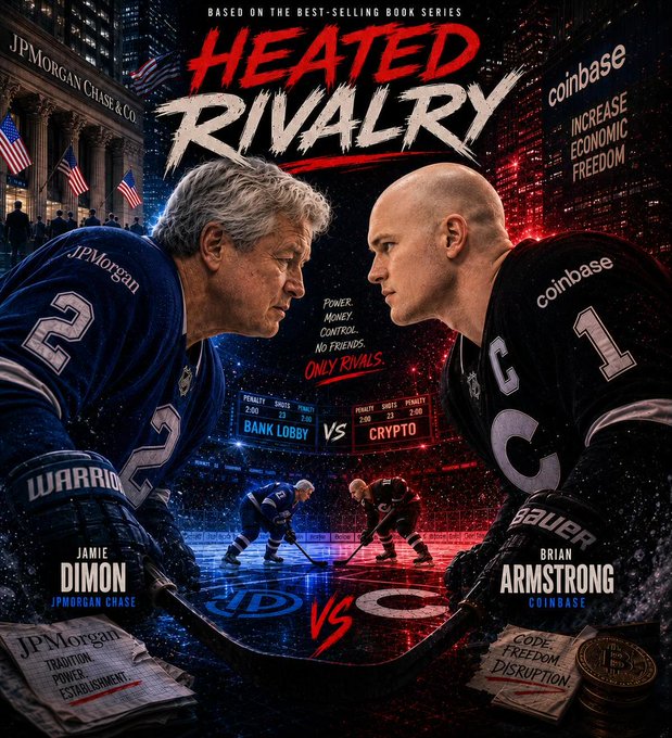 The image features two hockey players from opposing teams facing each other on an ice rink with their skates on, ready for a game. The poster includes text that reads "Heated Rivalry" and "Bank of Canada vs Brian Armstrong Co." This suggests that the image is related to a hockey match between the Bank of Canada and Brian Armstrong's team.