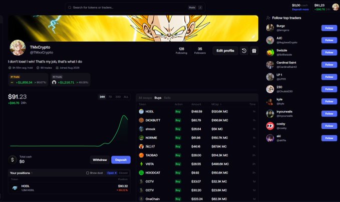 A cryptocurrency trading profile page for user 'TMcrypto' (@TMcrypto) showing $91.23 portfolio value, 128 following, 35 followers, and a list of token holdings including HOOL, DCKRBT, einuck, NORMI3, and others.