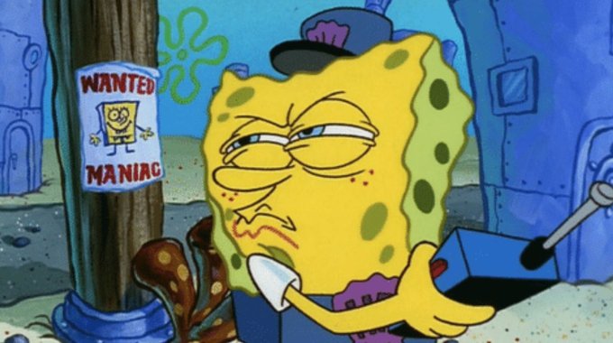 The image features a cartoon character, Spongebob Squarepants, with his face painted yellow and purple, holding a box of tools. He appears to be inspecting or working on something, possibly fixing an object or performing maintenance. The background shows a blue house, indicating that this scene takes place in a residential area. The post reads "isn't it", which is likely a reference to the character's appearance and the context of his actions.