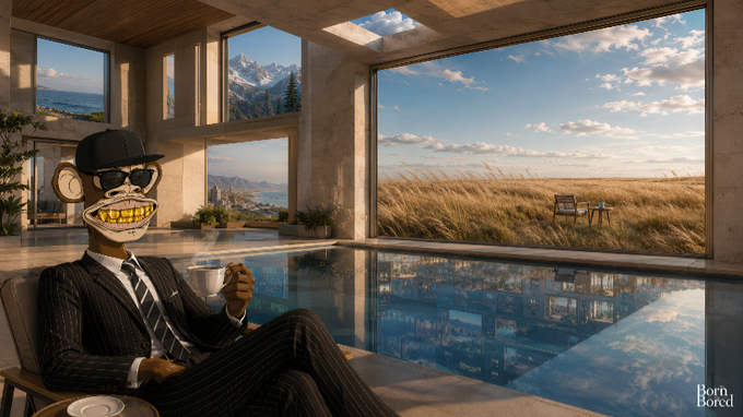 A suited cartoon monkey in sunglasses lounges poolside in a luxurious mountain-view villa, gold-toothed grin splayed wide as it sips coffee—mirroring the post's call to "stay in motion" by embodying the calm confidence of someone already winning, yet signaling that bigger moves await beyond the serene landscape outside.