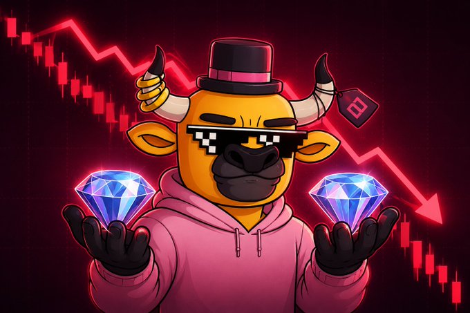 In a digital art piece, there's an anthropomorphized bull wearing sunglasses and a pink hoodie with black gloves holding two blue diamonds. The image is designed to mimic the theme of "Diamond Handing" by the Post. In the context of a downturn, this bull represents someone trying to make money while others are struggling. The bull is depicted as resourceful, making use of its surroundings (the diamonds) and actively engaging in activities that could potentially bring profit during challenging economic conditions. The artist's intention with this illustration is to convey the idea of leveraging resources and opportunities even during tough times.