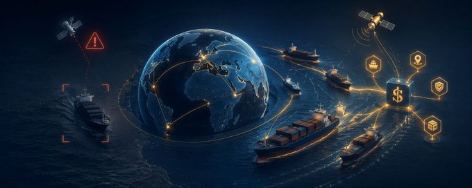 A digital illustration depicting a globe surrounded by ships, satellites, and glowing connection lines with hexagonal icons representing a global shipping and logistics network with a central dollar sign.