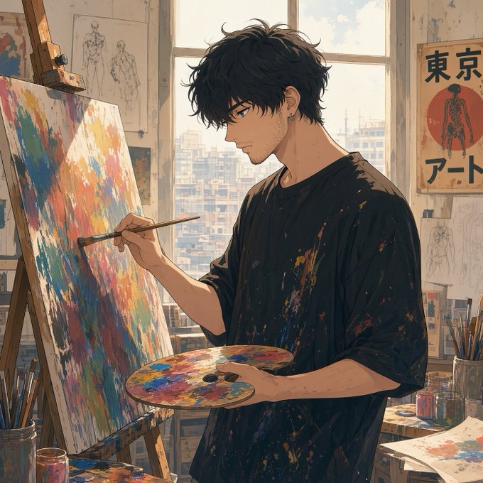 An anime-style illustration depicts a young man with messy black hair in a paint-splattered black shirt, holding a palette and brush in front of an easel in a Tokyo art studio.