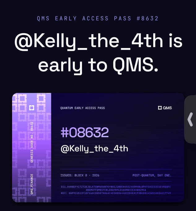 A promotional graphic for QMS Early Access Pass #8632 assigned to @Kelly_the_4th, displayed as a purple-themed digital card with blockchain-style coding details.