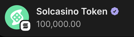 A graphic showing "Solcasino Token" with a balance of 100,000.00 displayed alongside a green casino chip logo, illustrating a giveaway offer where the poster asks for Solana (SOL) wallet addresses to distribute free tickets or tokens.