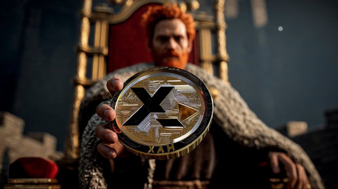 A red-bearded man in medieval attire sitting on a throne, holding out a gold XRP-branded coin toward the camera.